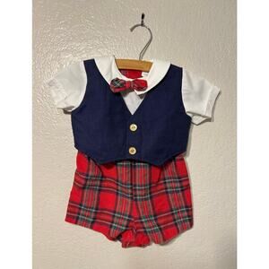 Vtg Infant “Good as Gold" Plaid Holiday Bow Tie Shorts Suit Jumper, 12 months